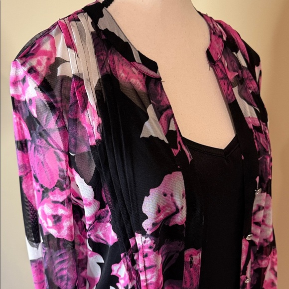 INC International Concepts Blouse & Camisole Floral Sheer Pink Black Women's SzL - Picture 2 of 15